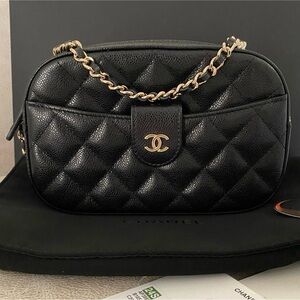 Chanel Black Caviar Mini Camera Bag / Clutch with Chain with Gold Tone Hardware